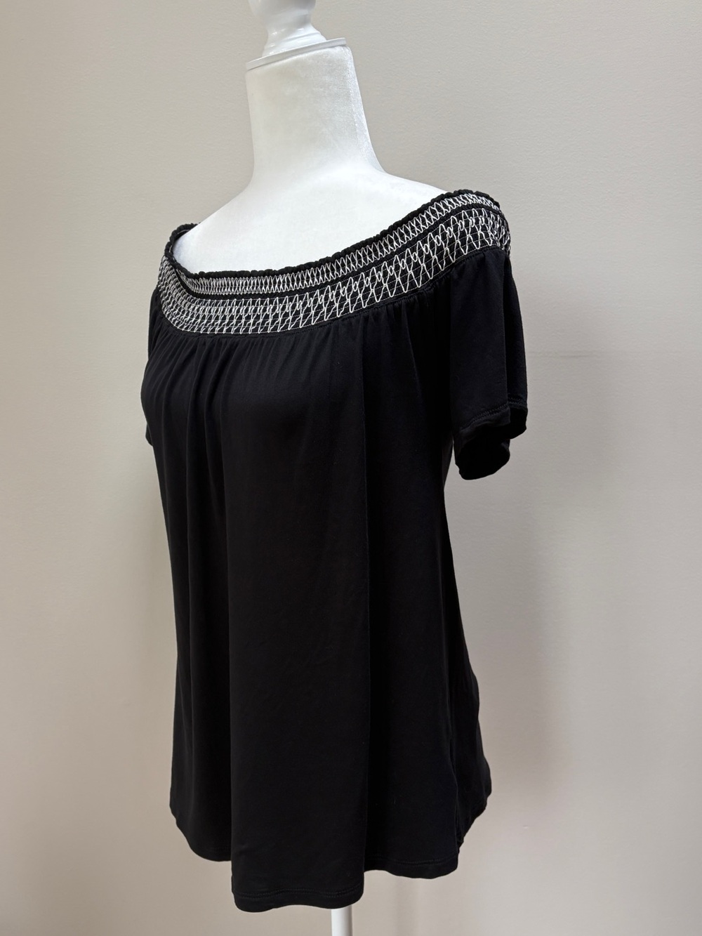 Old Navy Black Off-Shoulder Top with White Smocked Yoke
